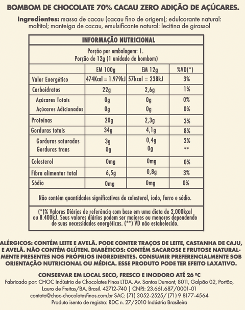 Caixa de Bombom 70% Cacau | Zero Açúcar