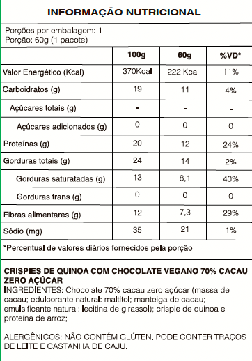 BELISQUETE | CRISPY DE QUINOA | 70% CACAU ZERO AÇÚCAR