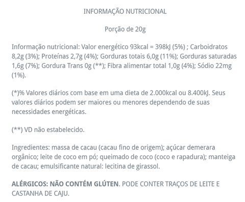 CHOC 50% cacau ao leite de coco e coquinho queimado 80g