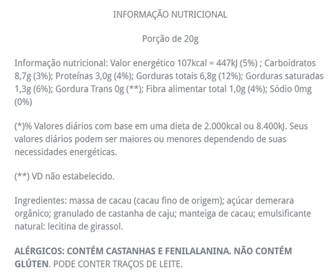 CHOC 60% cacau com castanha de caju | 80g