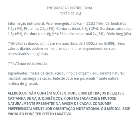 CHOC | ZERO AÇÚCAR 50% ao leite de coco | 80g