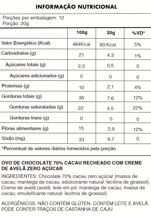 Ovo 70% Cacau Trufado com Creme de Aveã | Zero Açúcar | 240g